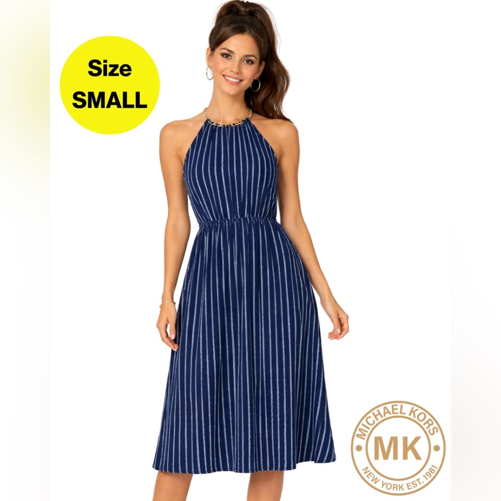 MICHAEL KORS 💙 Navy, White Striped Halter Maxi Dress, Gold Chain Collar (Small)